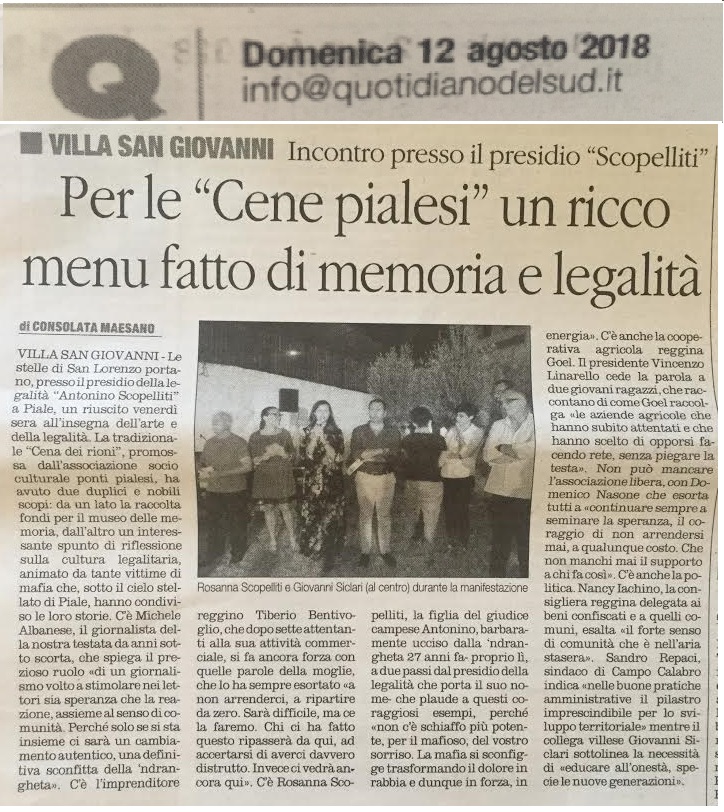 IL QUOTIDIANO DELLA CALABRIA- Ponti Pialesi - Cena dei Rioni 2018 "Arte e Legalità... Sotto Le Stelle